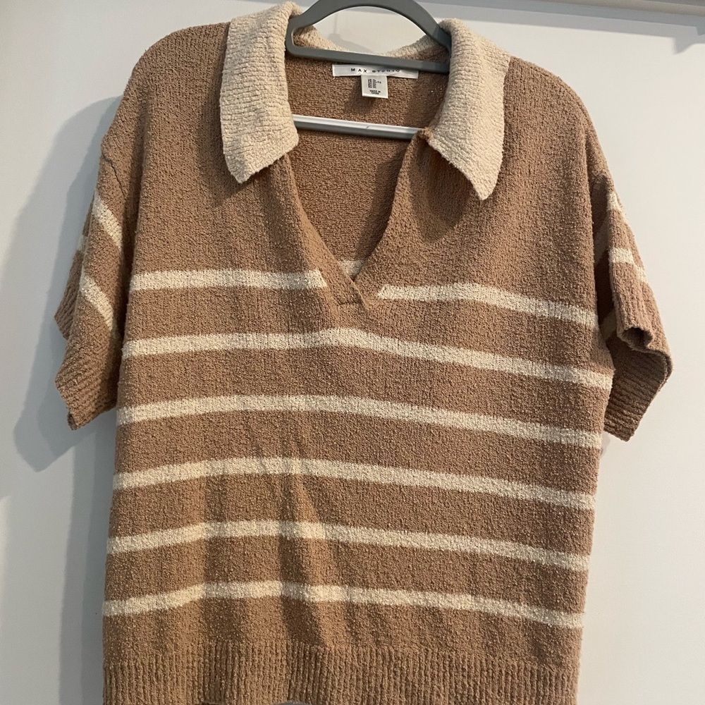 Max Studio Tan and Cream V-Neck Sweater